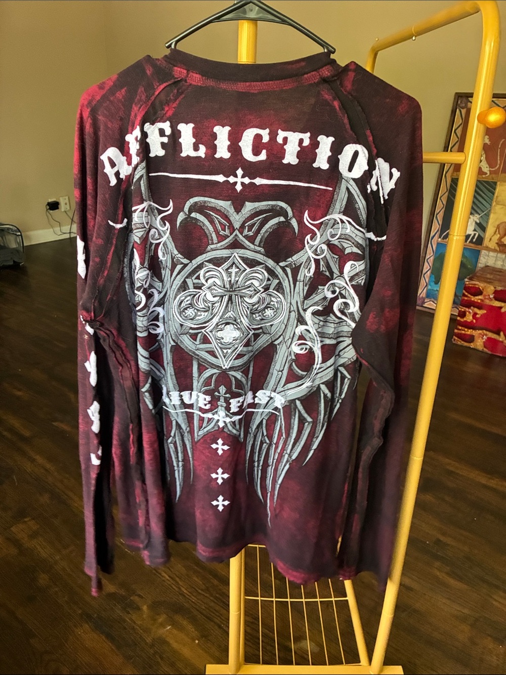 Affliction Black and Maroon Tie-Dye Fleur-de-Lis Long Sleeve Tee - Picture 3 of 3